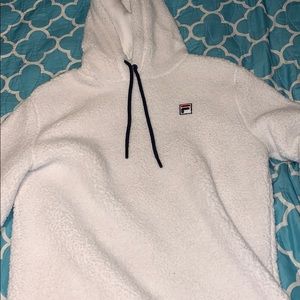 white fuzzy fila hoodie